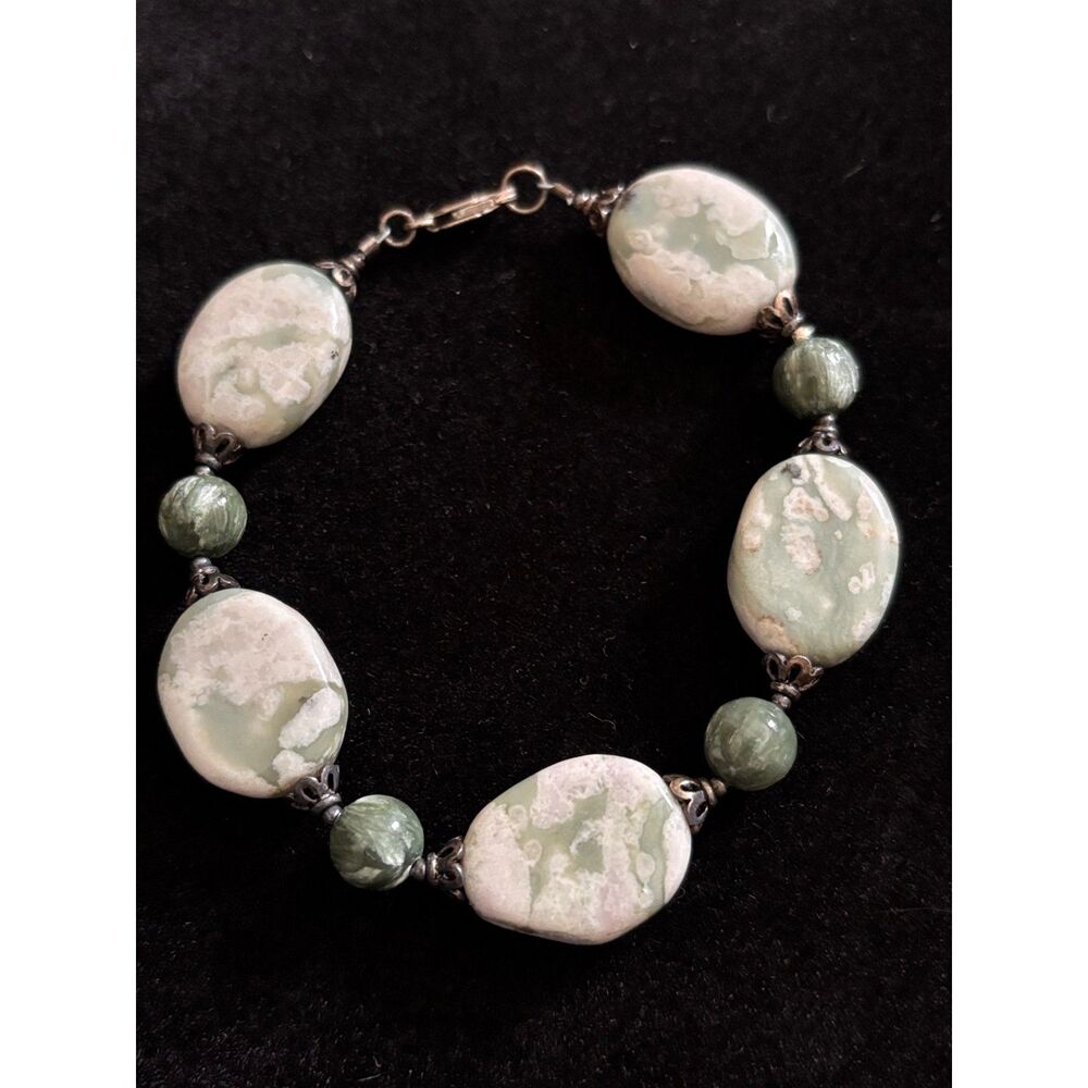 VTG Artisan Sterling Silver Natural Peace Jade Beaded Link Bracelet